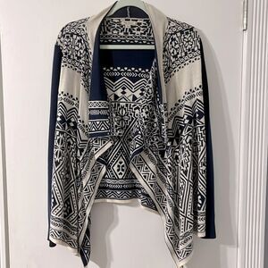 Lucky Brand Open Cardigan Boho Aztec Navy Blue White Large